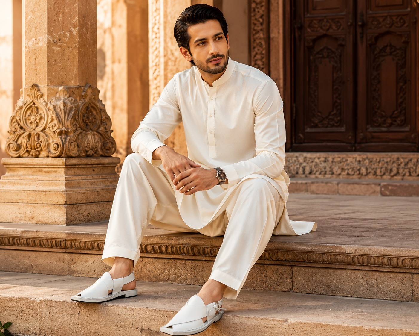 White Pointed Leather Peshawari Sandal view
