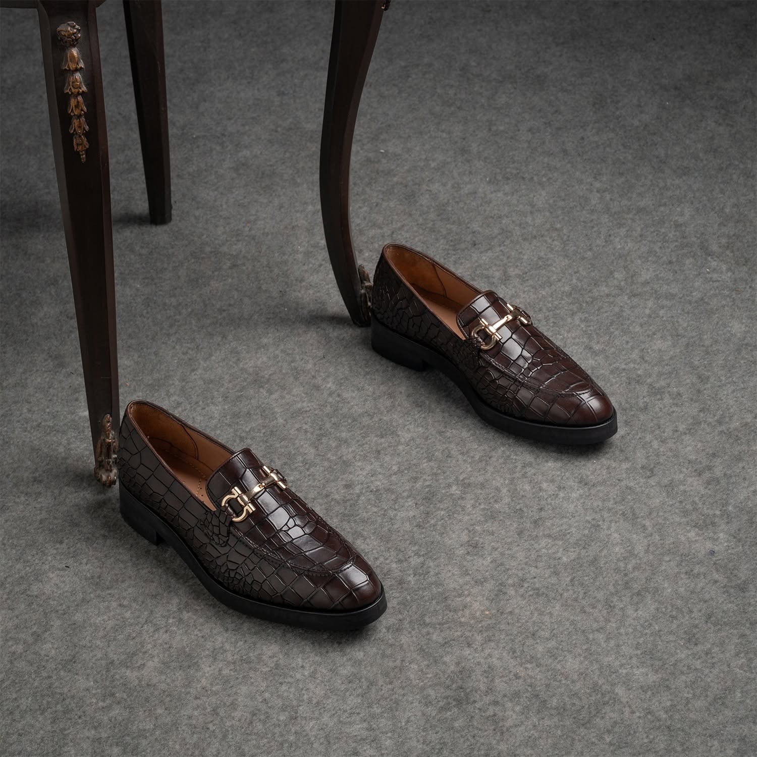 Brown Croc-Embossed Leather Horsebit Loafer view
