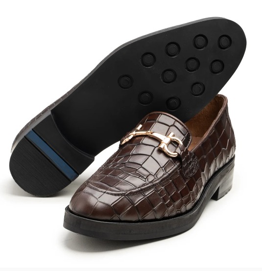 Brown Croc-Embossed Leather Horsebit Loafer view