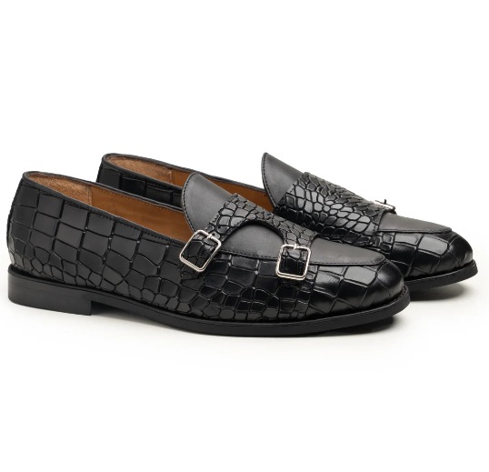 Black Croc-Embossed Double Monk Loafer view
