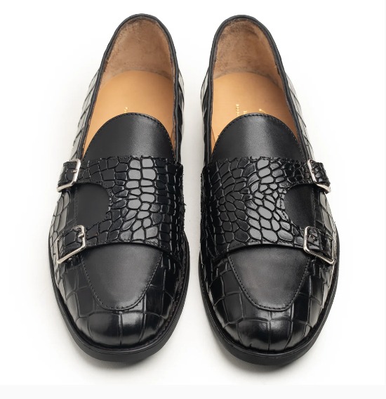 Black Croc-Embossed Double Monk Loafer view