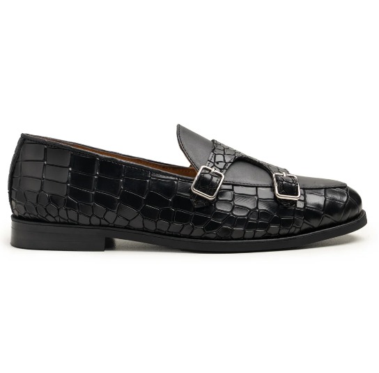 Black Croc-Embossed Double Monk Loafer view