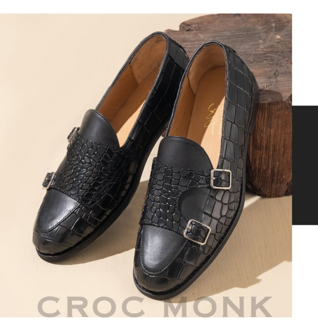 Black Croc-Embossed Double Monk Loafer view